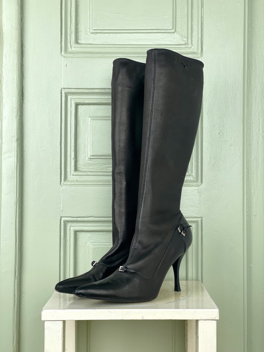 Prada Black Leather Over-the-Knee Pointed Stiletto Boots
